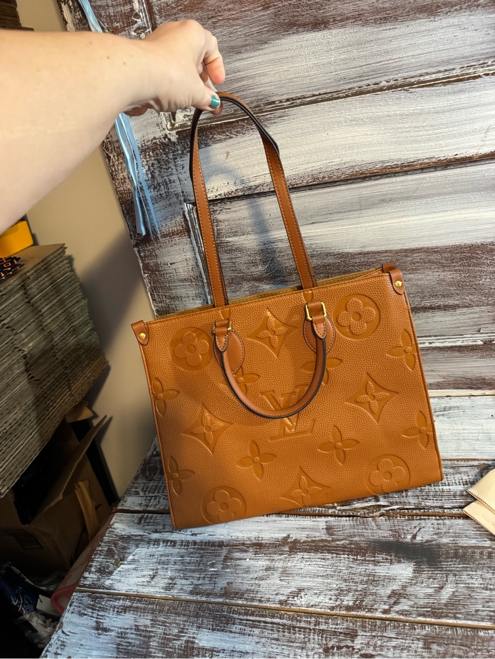 Designer-Style Tan Embossed Tote Bag